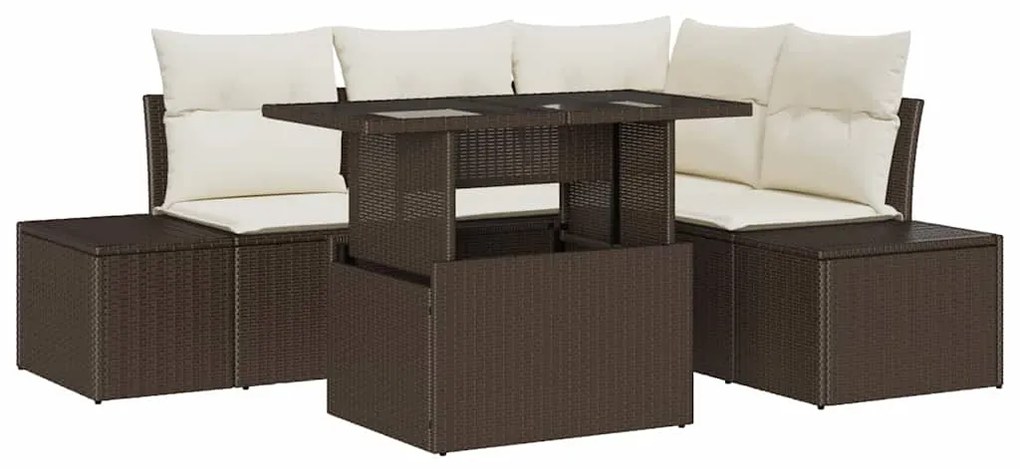 Sofá de Jardim 5 Peças com Almofadas em Rattan Marrom