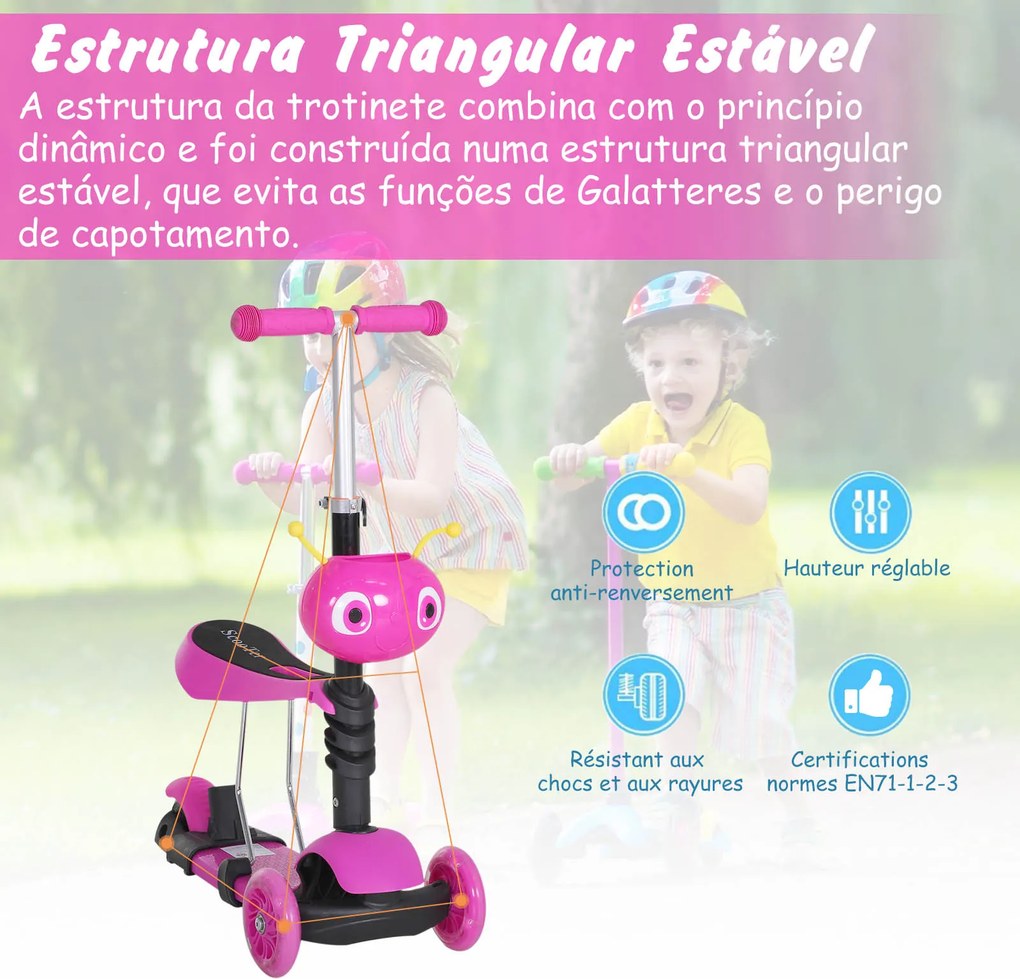 Trotinete 5 em 1 para Crianças com 3 Rodas Assento Removível e Guiador Ajustável Carga Máxima 50 kg 62x25x72,5 cm Rosa