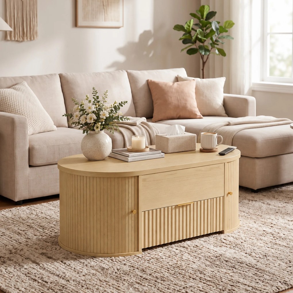 Mesa de Centro com Tampo Elevatório Oval Compartimento Oculto Gaveta Canelada Portas de Correr e Armários 100x50x40 cm Cor Carvalho