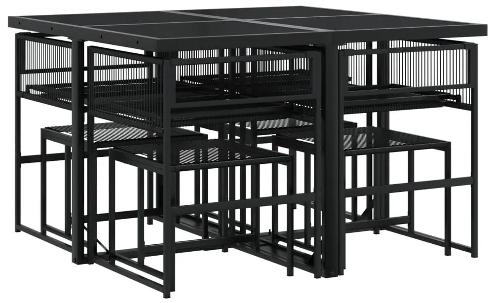 9 pcs conjunto de jantar p/ jardim c/ almofadões vime PE preto