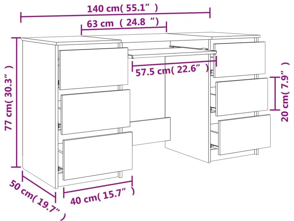 Secretária Luxes com 6 Gavetas de 140 cm - Castanho - Design Moderno