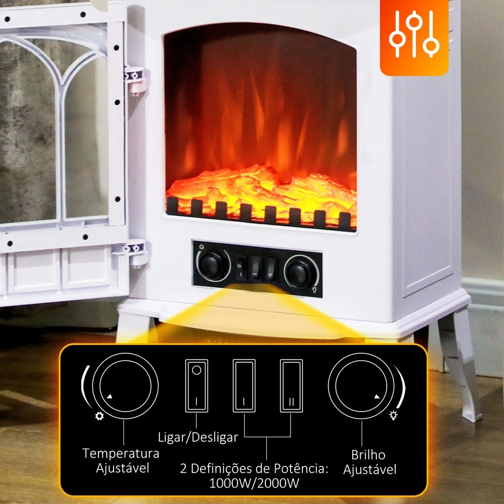 Lareira Elétrica Portátil 1000/2000W com Efeito de Chama Realista e Proteção Contra Superaquecimento 41,5x28x54 cm Branco