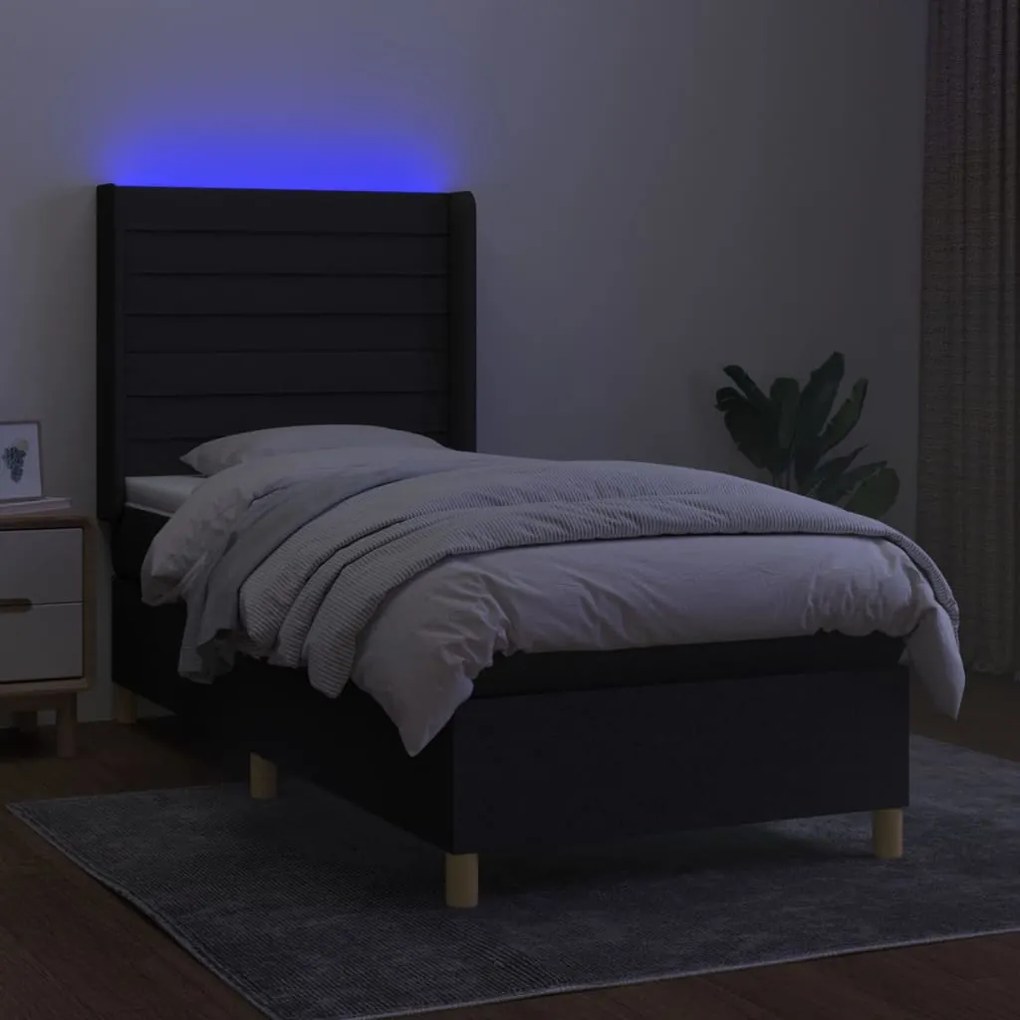 Cama box spring c/ colchão e LED 90x200 cm tecido preto