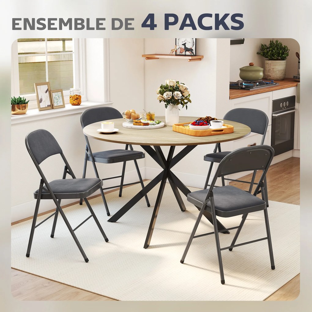 Conjunto de 4 cadeiras dobráveis e portáteis para interior (MESA NÃO INLCUIDA), com assentos e encostos estofados em veludo e estrutura em aço, cinzen