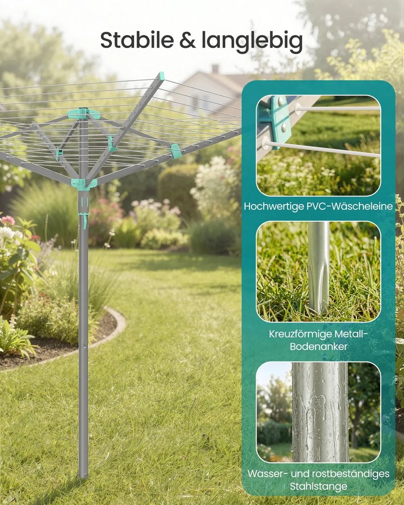 Estendal de roupa giratório 139,3 x 139,3 x 181,5 cm com capa protetora e 50 m de corda para 5 cargas de roupa Prateado