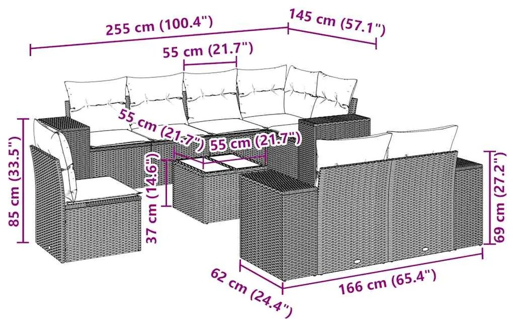 9 pcs conj. sofás jardim com almofadões vime PE cinzento-claro