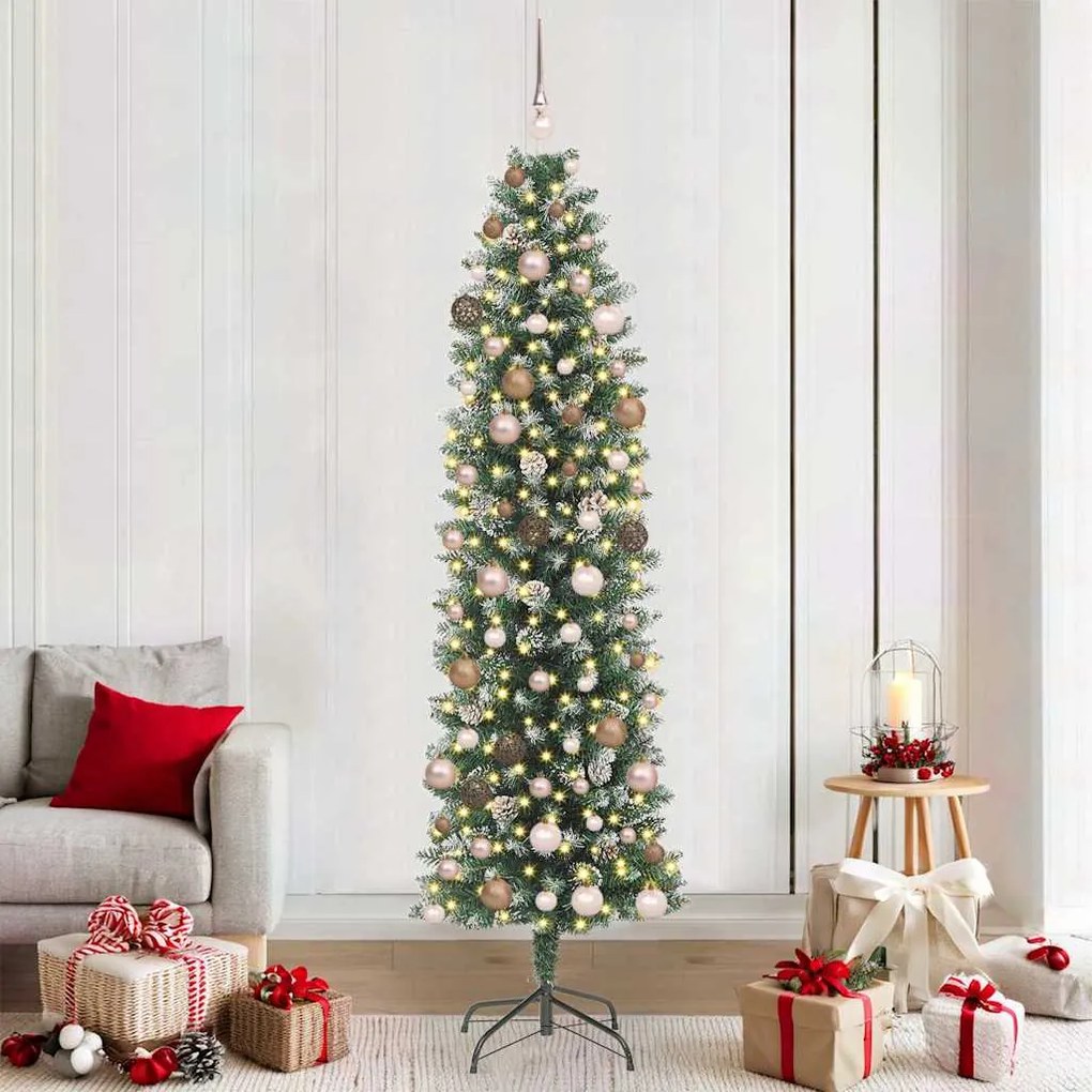 vidaXL Árvore Slim de Natal Artificial Verde e Branco 210 cm