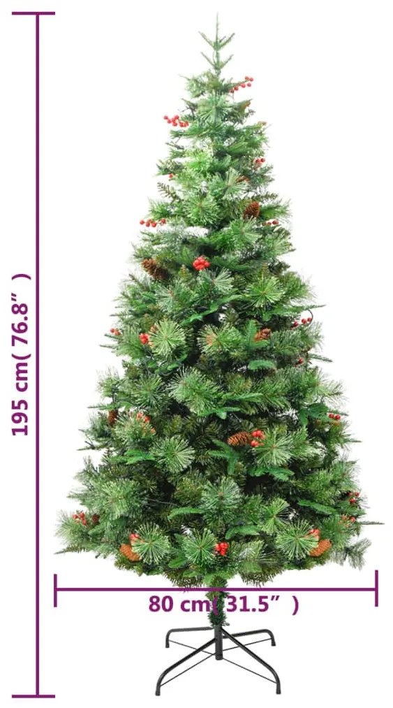 Árvore de Natal com pinhas pré-iluminada 195 cm PVC e PE verde