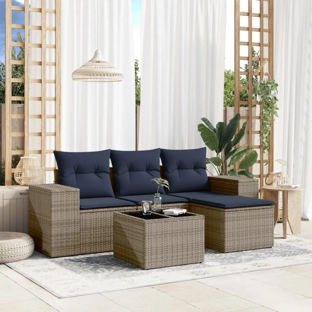 vidaXL 5 pcs conjunto sofás p/ jardim c/ almofadões vime PE cinzento