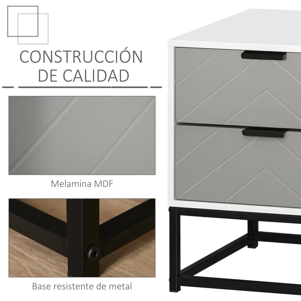 Mesa de cabeceira Mesa lateral com 2 gavetas e base elevada de metal E