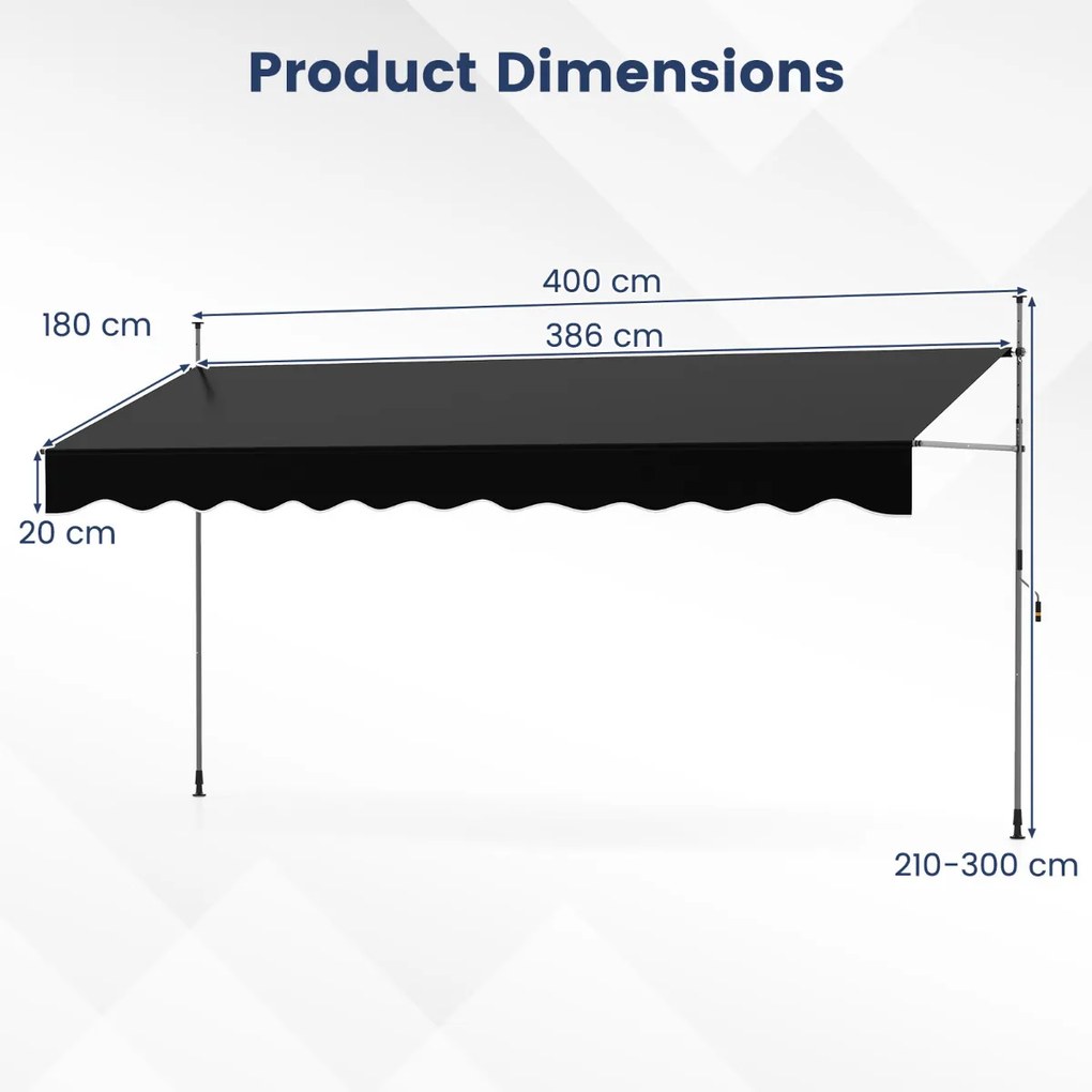Toldo retrátil manual 4 m x 180 cm Sombra exterior ajustável sem perfuração com manivela para pátio, varanda, jardim Preto
