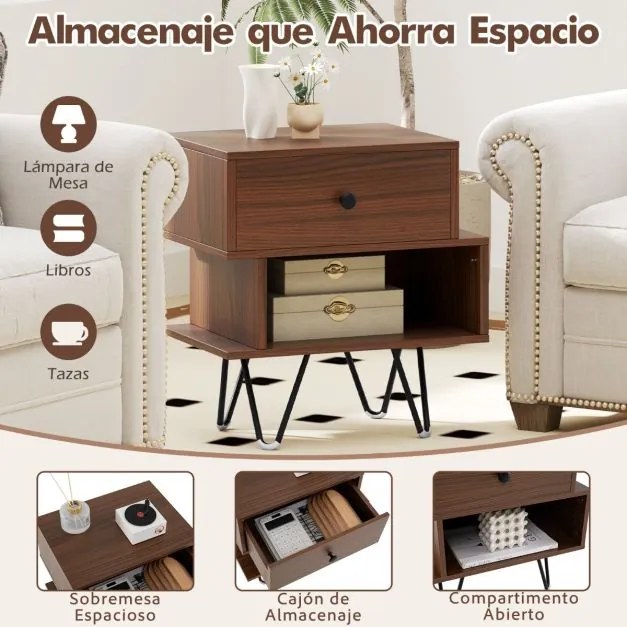 Conjunto de 2 mesas de cabeceira com gaveta removível e compartimento aberto 44 x 29 x 47 cm cor nogueira