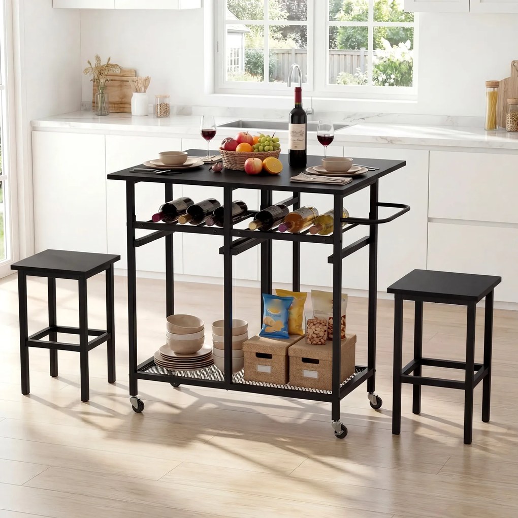 Conjunto de mesa de jantar alta de 3 peças com 2 bancos, suporte para 6 garrafas, estantes e pega lateral, mesa dobrável para cozinha, preta