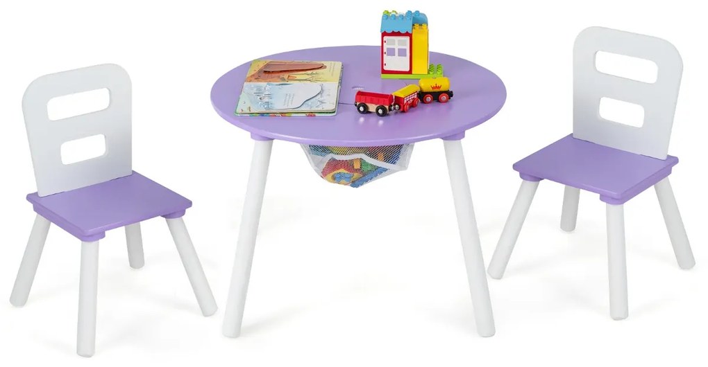 Conjunto de mesa e cadeira redonda para crianças Conjunto de 3 peças com mesa de actividades em madeira e centro de rede Acessórios de decoração roxo