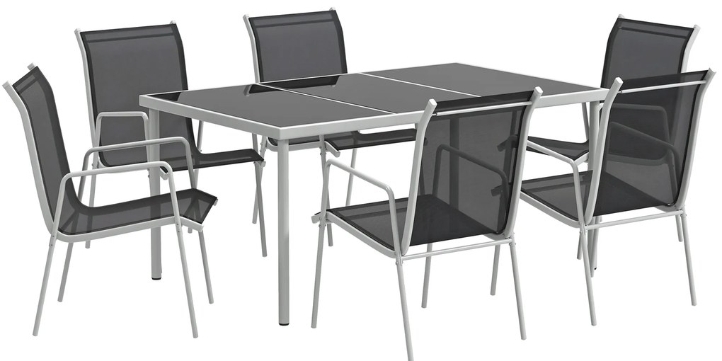 Outsunny Conjunto de Refeição 7 Peças com Mesa de Vidro Temperado e 6 Cadeiras Empilháveis com Apoio para os Braços Preto | Aosom Portugal