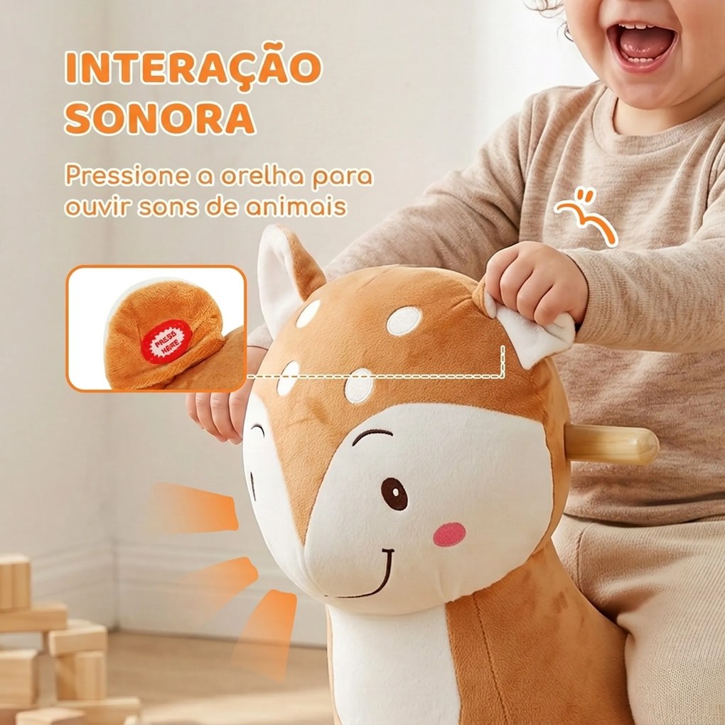 Cavalo de Baloiço para Bebés 12-36 Meses em Forma de Veado com Base Larga, Sons e Cinto de Segurança, Castanho-Escuro