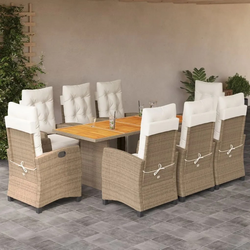 9 pcs conjunto de jantar p/ jardim com almofadões vime PE bege