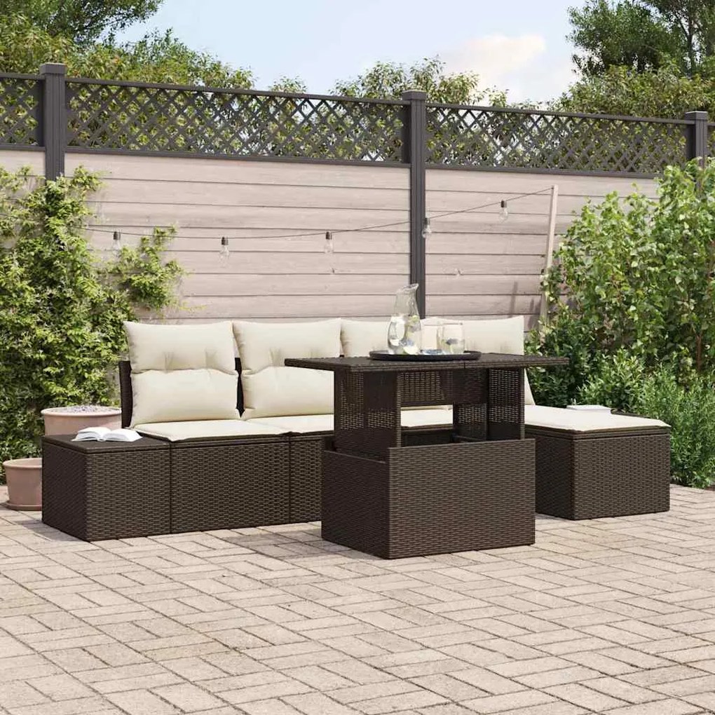 vidaXL Conjunto de Sofá de Jardim com 6 Peças e Almofadas Marrom em Rattan Sintético