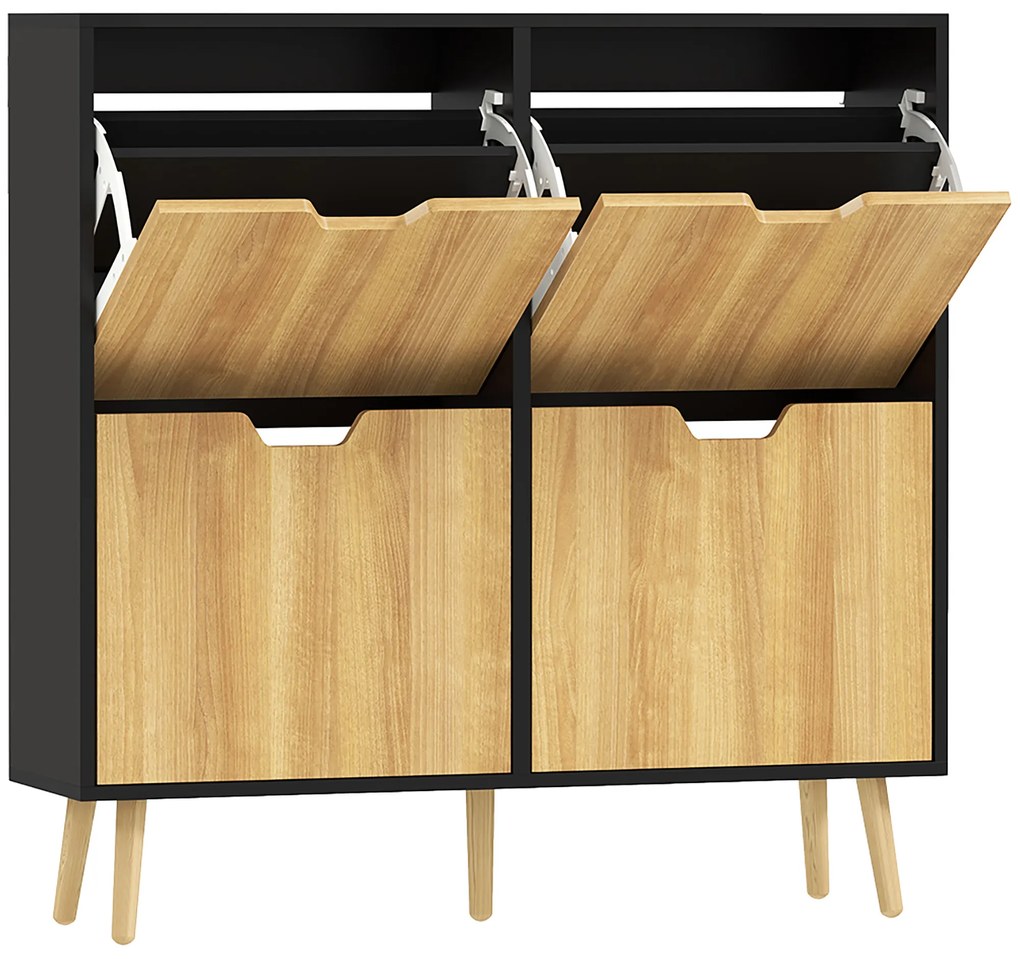 Sapateira para 16 Pares de Sapatos com 4 Gavetas e Prateleiras Ajustáveis 95x26x95 cm Madeira e Preto
