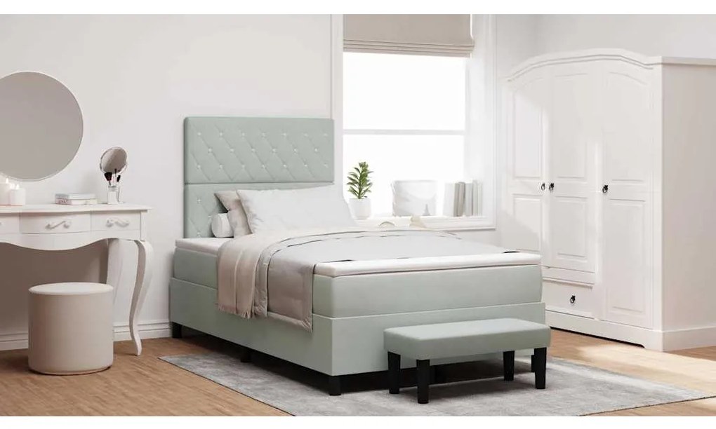 Cama Box Spring com Colchão e Banco Cinza Claro 120x200 cm Veludo