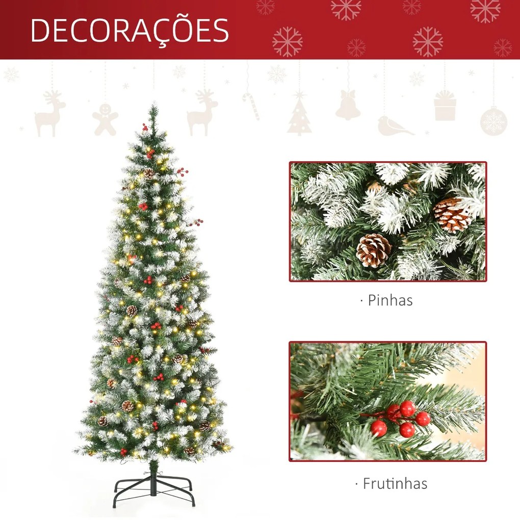 Árvore de Natal Nevada Artificial 180cm com 300 Luzes LED Branco Quente 618 Ramos Ignífugos de PVC Decorações Incluidadas e Base Dobrável Ø65x180cm Ve