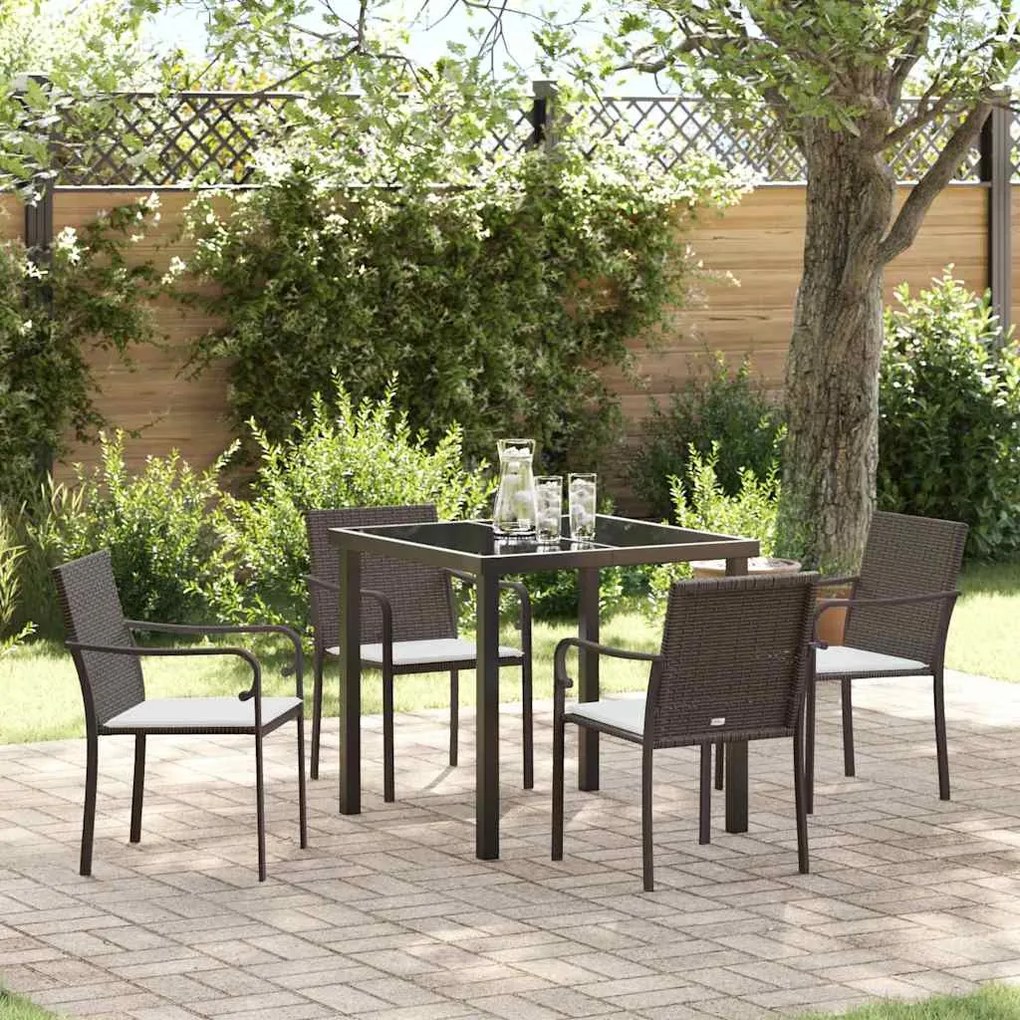vidaXL Conjunto de jantar de jardim com 5 peças e almofadas em vime marrom.