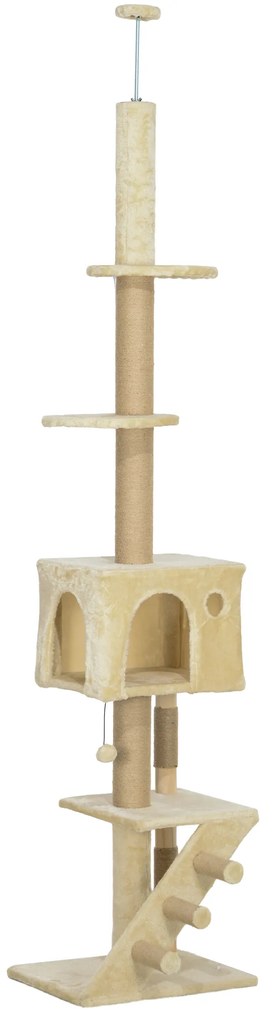 PawHut Arranhador para Gatos do Chão ao Teto de 225-265 cm  com Altura Ajustável Múltiplas Plataformas Escada Bola Suspensa Bege