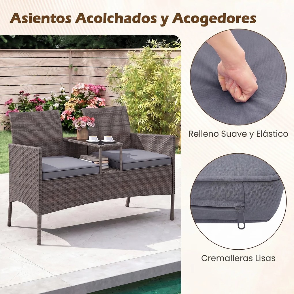 Banco jardim de rattan com mesinha para 2 pessoas em vidro temperado 62 x 124 x 84 cm, estante aberta, estrutura metálica, almofadas e capas laváveis,