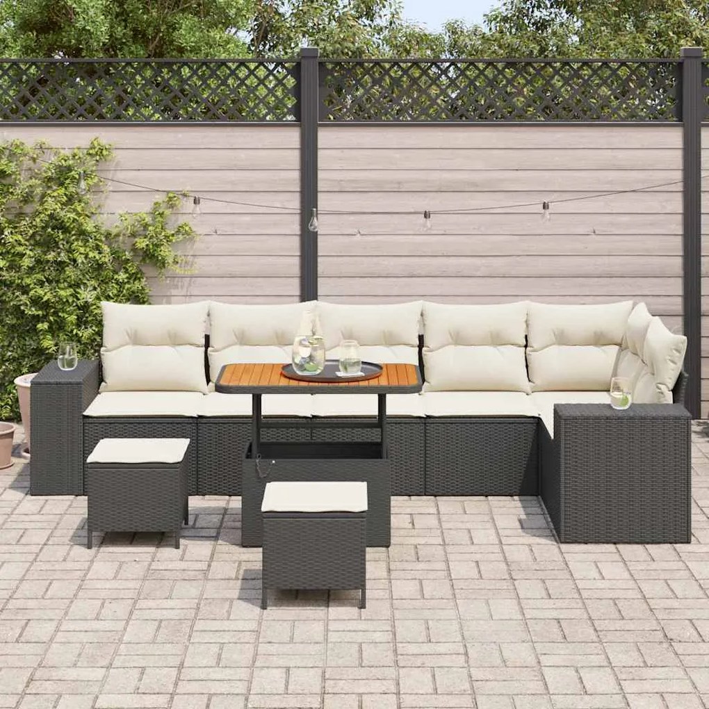 Conjunto de Sofá de Jardim 9 Peças com Almofadas Preto Poliratan Acáci