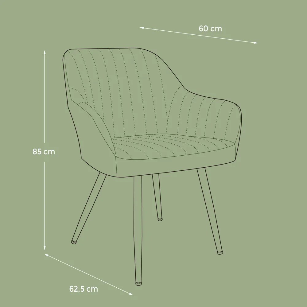 Cadeira de sala de jantar ou cozinha em veludo estofada com braços e pernas de metal verde-preto