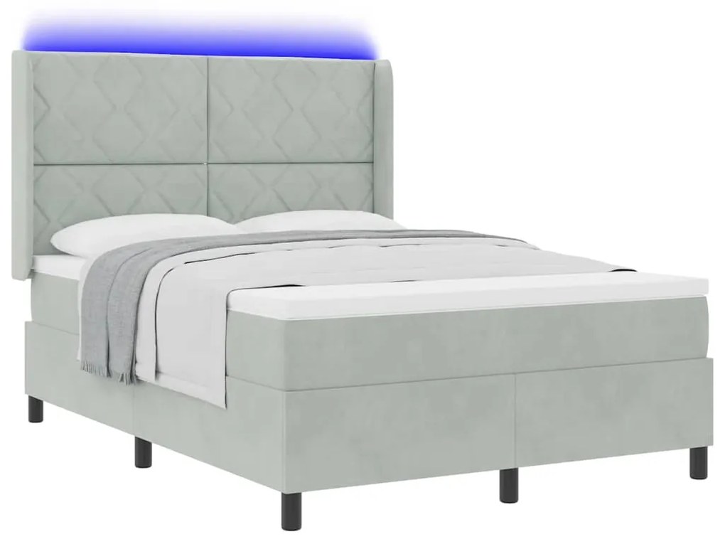 Cama Box Spring com Colchão e Luz LED Cinza Claro 160x200 cm Veludo