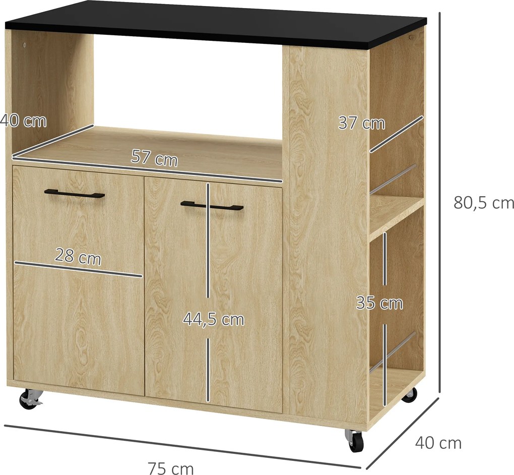 Carrinho de Cozinha com Rodas 2 Portas Prateleira Ajustável Porta-Especiarias para Sala de Jantar 75x40x80,5 cm Madeira
