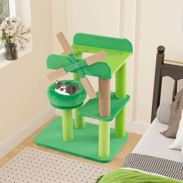 Arranhador para gatos com moinho de vento com vários níveis com poste para arranhar Plataforma com almofada Verde