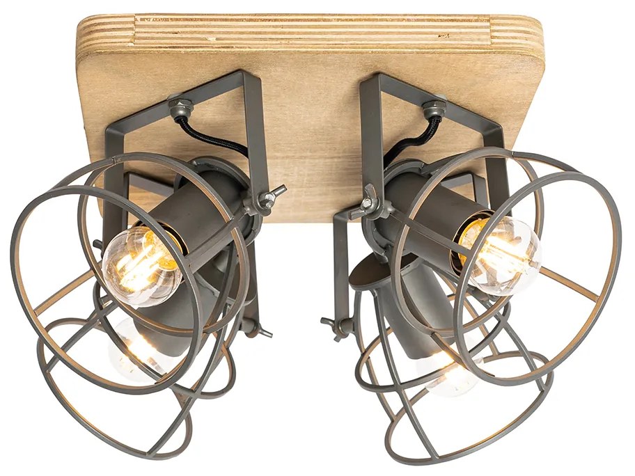 Candeeiro de teto industrial madeira com cinzento escuro ajustável 4 luzes - Arthur Industrial