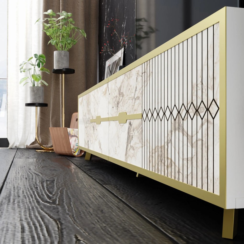 Aparador ELOISE em Mármore Branco com 4 Portas e Pernas Douradas – 180