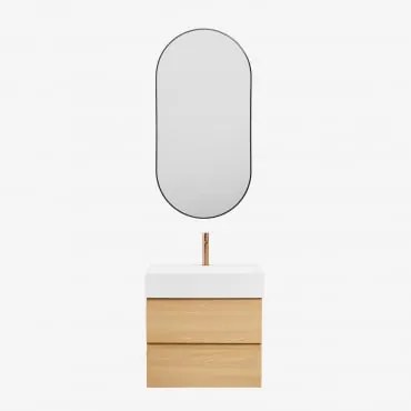 Conjunto De Móvel De Casa De Banho Em Madeira E Chapa De Freixo Com Lavatório Integrado Ona Madeira Natural & Ovale Led E Antifog Preto - Sklum