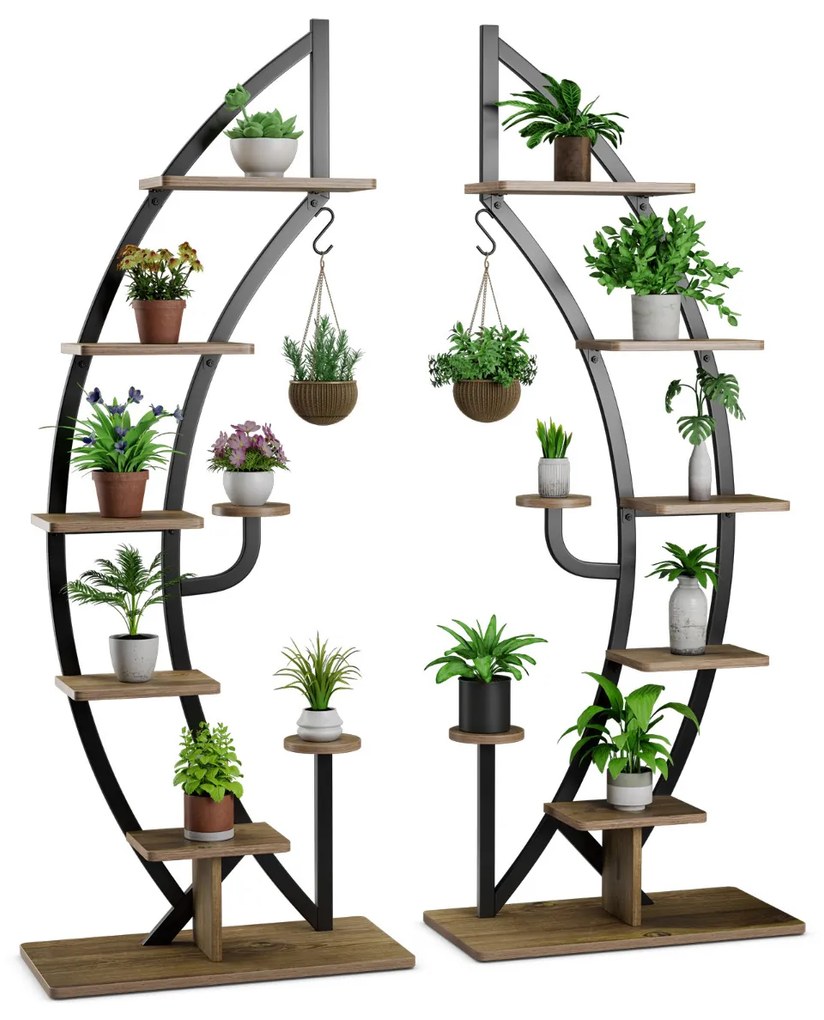 Conjunto de 2 Estantes Metálicas para Plantas 7 Níveis em Forma de Crescente Curvo com Gancho para Varanda 60x30x155 cm Natural