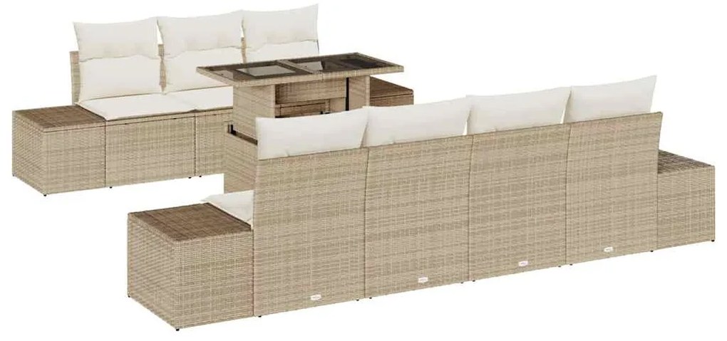 Conjunto de Sofá de Jardim 8 Peças com Almofadas Bege Rattan Poliéster