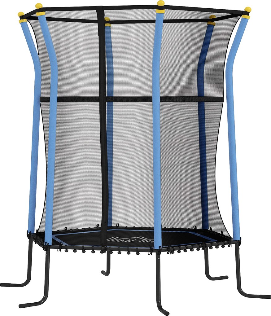 Trampolim infantil Ø 1,63 x 1,9 m com rede de segurança, porta com fecho de correr e 6 postes almofadados incluídos, azul e preto