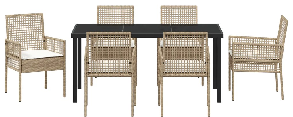 Conjunto de Jantar com 7 Peças e Almofadas Bege Rattan Sintético