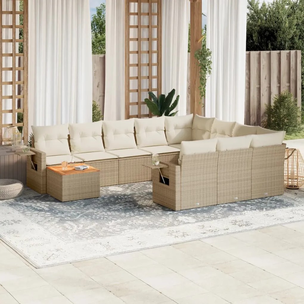 11 pcs conjunto sofás de jardim c/ almofadões vime PE bege