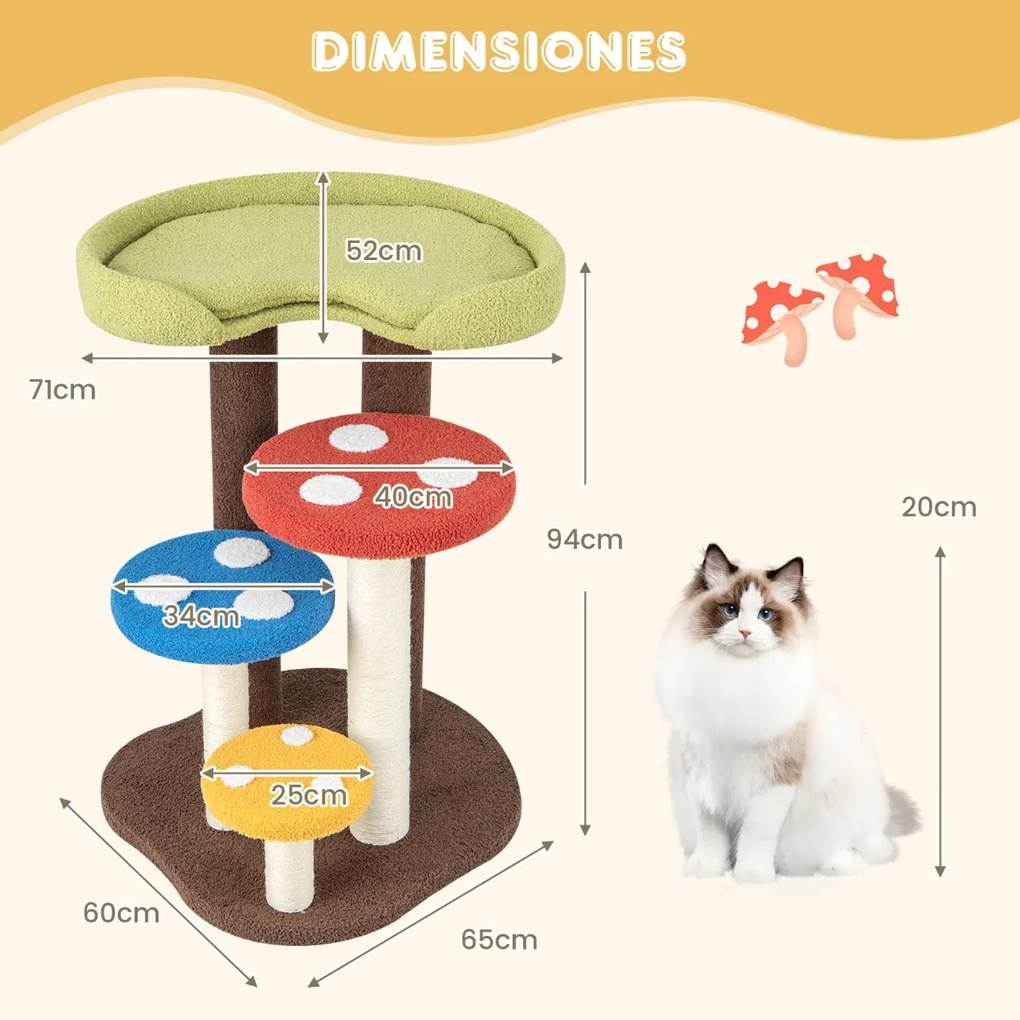 Arranhador para gatos 3 em 1 em forma de torre de 5 níveis com 3 postes de sisalTapete com plataformas amovíveis multicoloridas