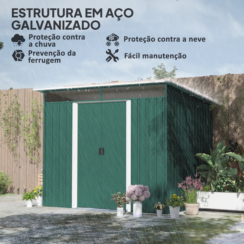 Abrigo de Jardim 4,5 m² 260x194x200 cm Abrigo Exterior Metálico com 2 Portas Deslizantes para Armazenamento de Ferramentas Verde