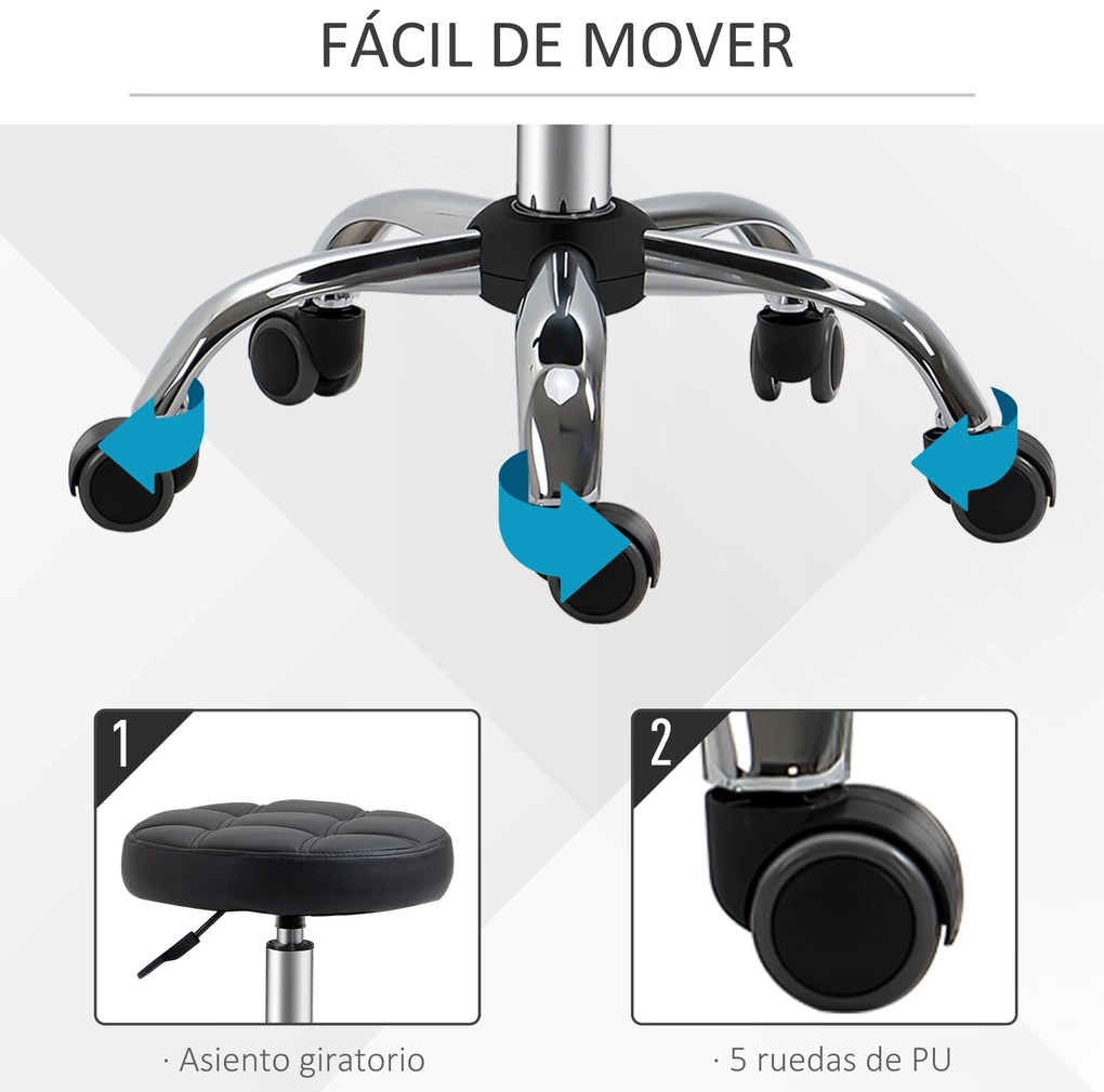 HOMCOM Banco Giratório com Rodas Altura Ajustável entre 48-63cm Banco de Trabalho Estofado em Couro PU para Salão Dentista Diâmetro Ø35,5cm Preto