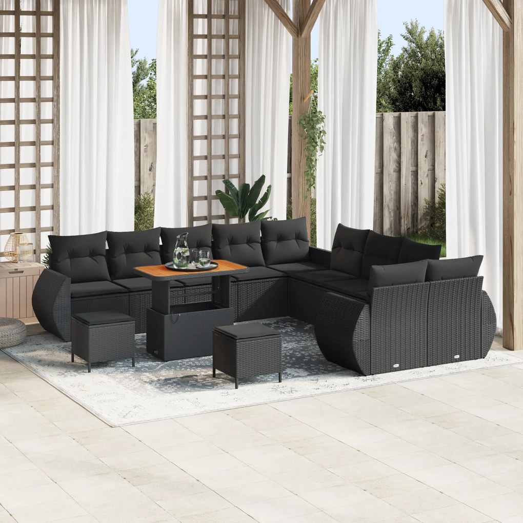 Conjunto de Sofá de Jardim com 13 Peças e Almofadas Preto Vime de Poli