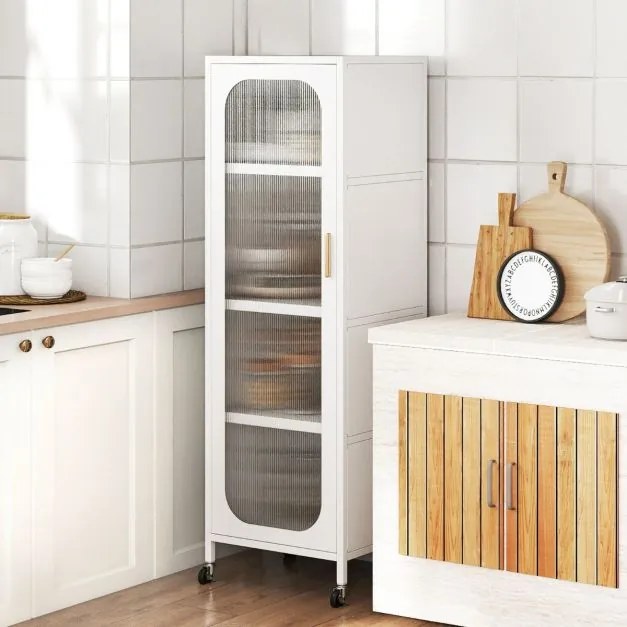 Armário Cozinha metálico 45 x 40 x 141 cm de 5 níveis Despensa de cozinha alta e estreita com prateleiras ajustáveis e porta semitransparente branco
