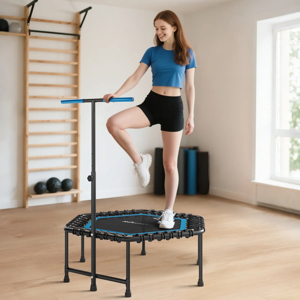 Trampolim Fitness 114x114x132 cm com Guiador Ajustável em 3 Níveis Estrutura de Aço para Treino de Perna Corpo Azul