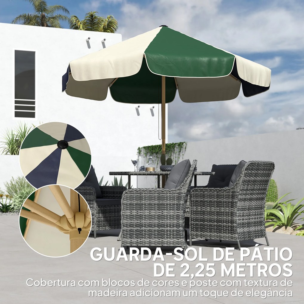Guarda-sol de Jardim com Corda Proteção Solar UPF30+ Estilo Retrô Efeito Madeira com Babados Inclinável Ø226 cm Creme e Verde