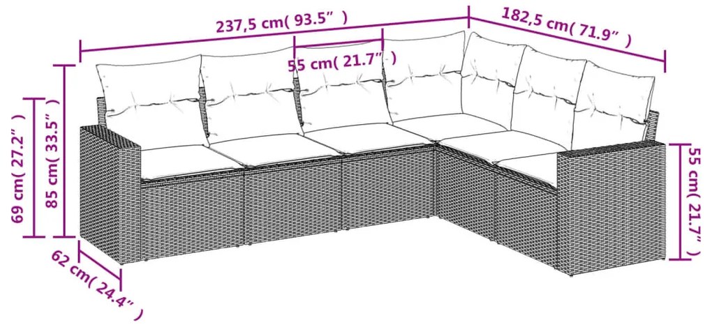 6 pcs conjunto sofás de jardim c/ almofadões vime PE preto
