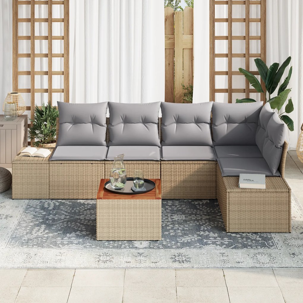 Conjunto de Sofá de Jardim de 6 Peças com Almofadas Bege Rattan Acácia